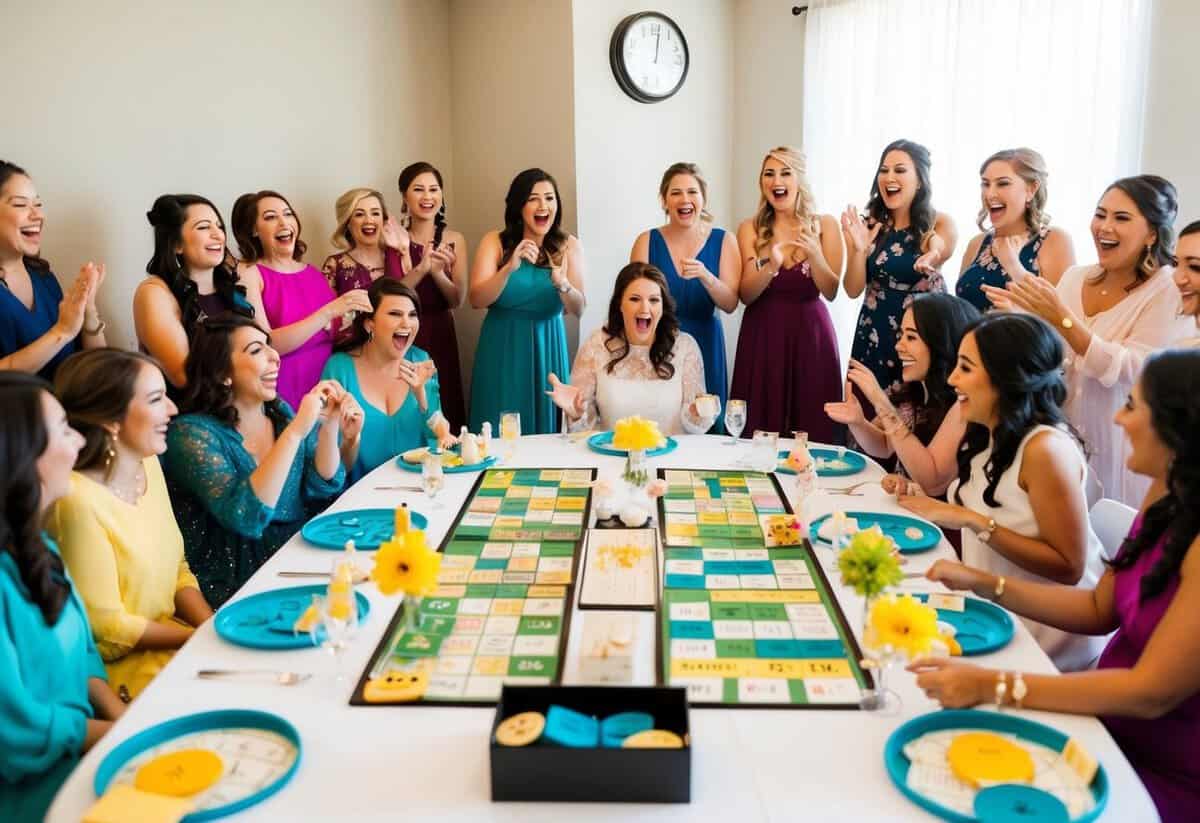 A table set with various games and activities, surrounded by excited guests at a bridal shower. A clock on the wall shows 2 hours