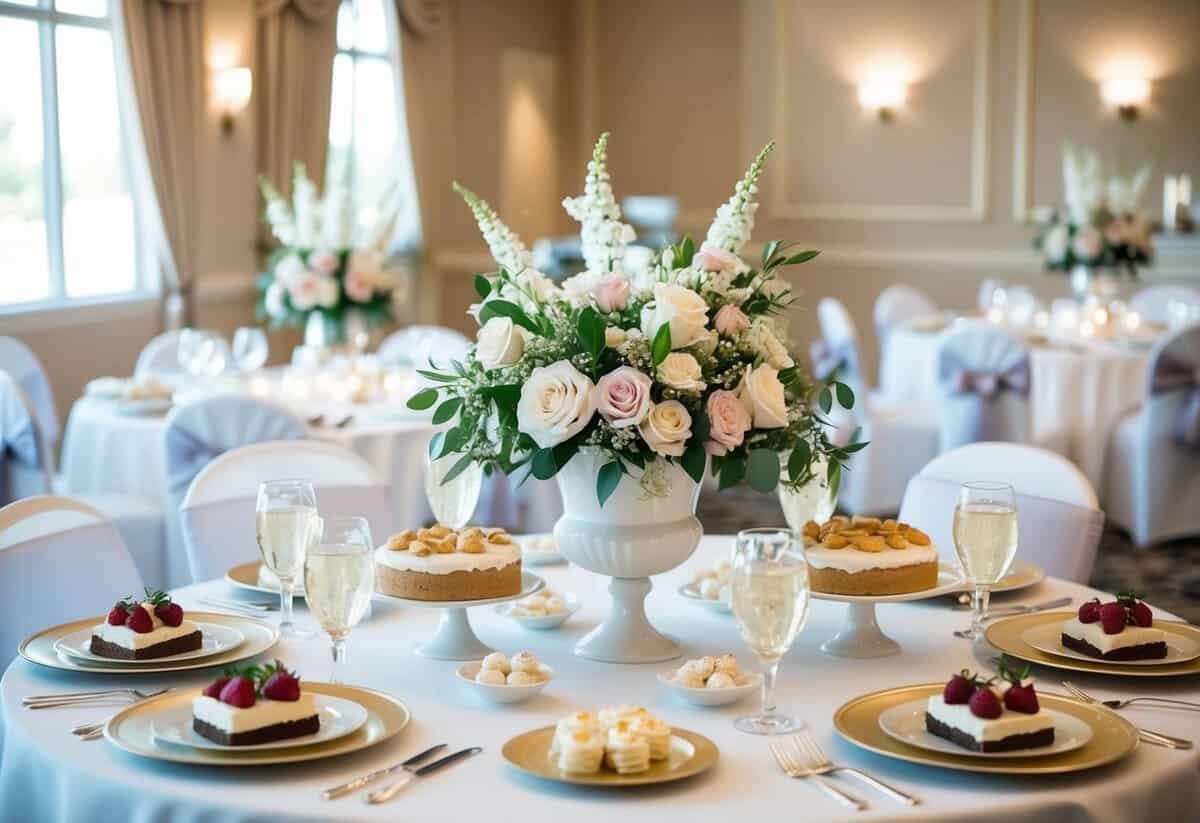 A beautifully decorated bridal shower venue with elegant table settings, floral arrangements, and a dessert table filled with delicious treats