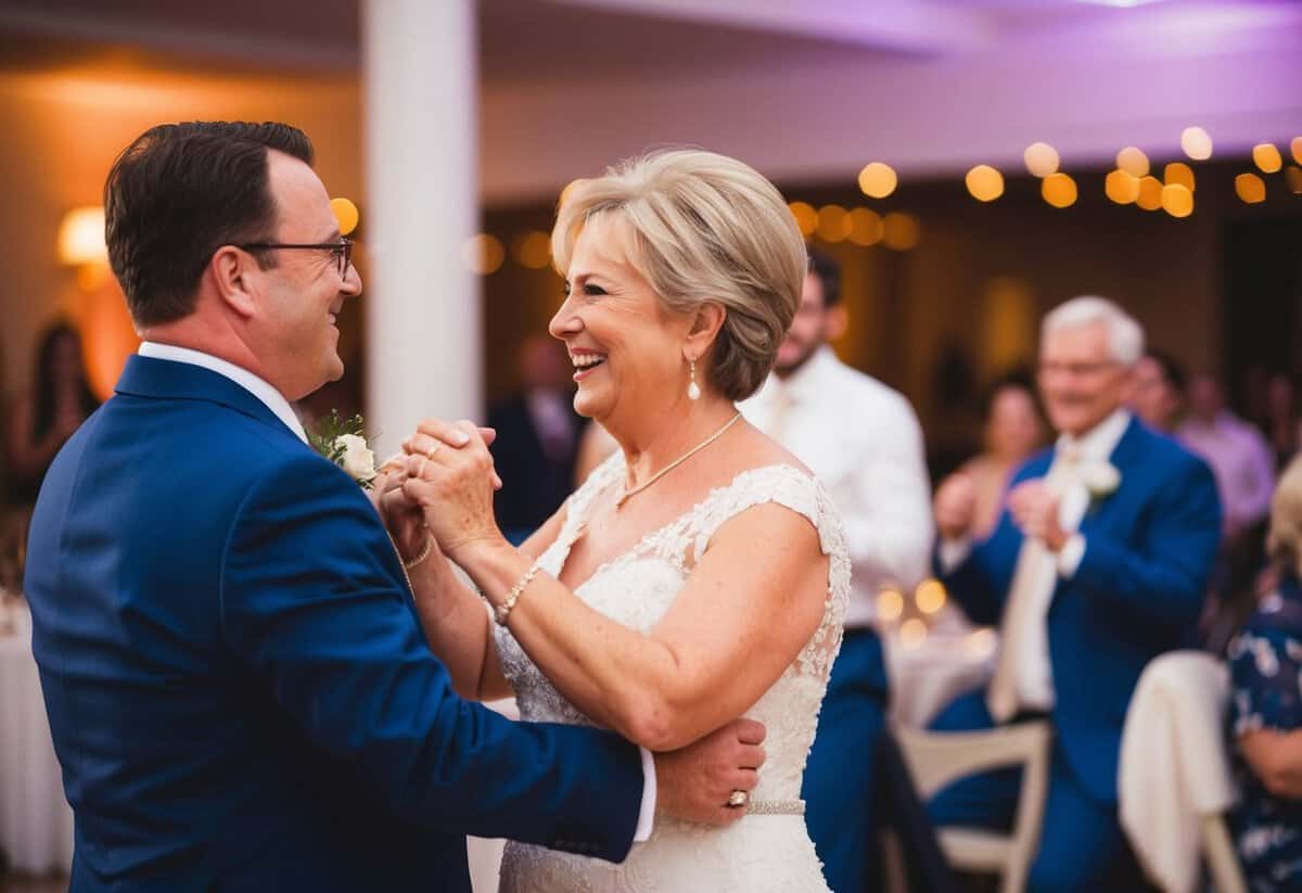 The bride's mother dances with the groom, sharing a joyful moment at the wedding celebration