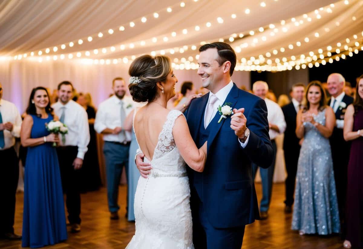The mother of the bride and the groom share a dance on the crowded reception floor, surrounded by smiling guests and twinkling lights