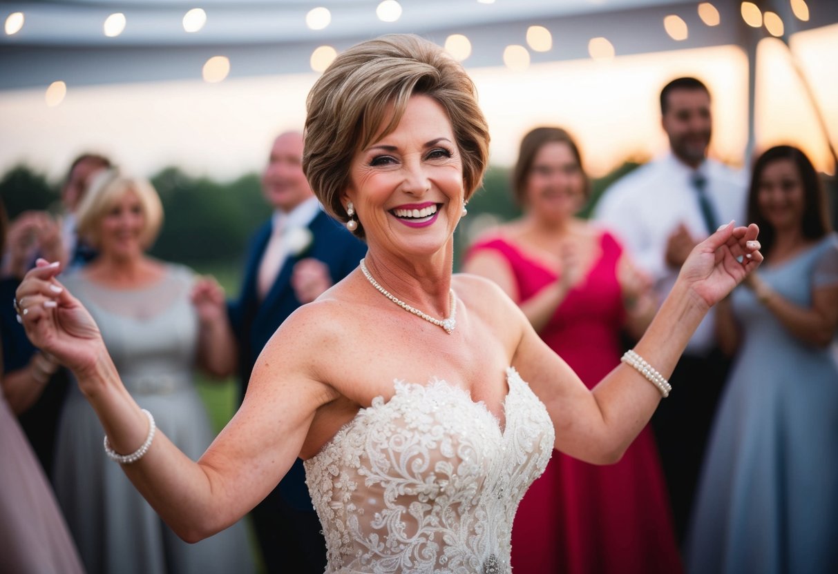 The mother of the bride dances joyfully with a beaming smile