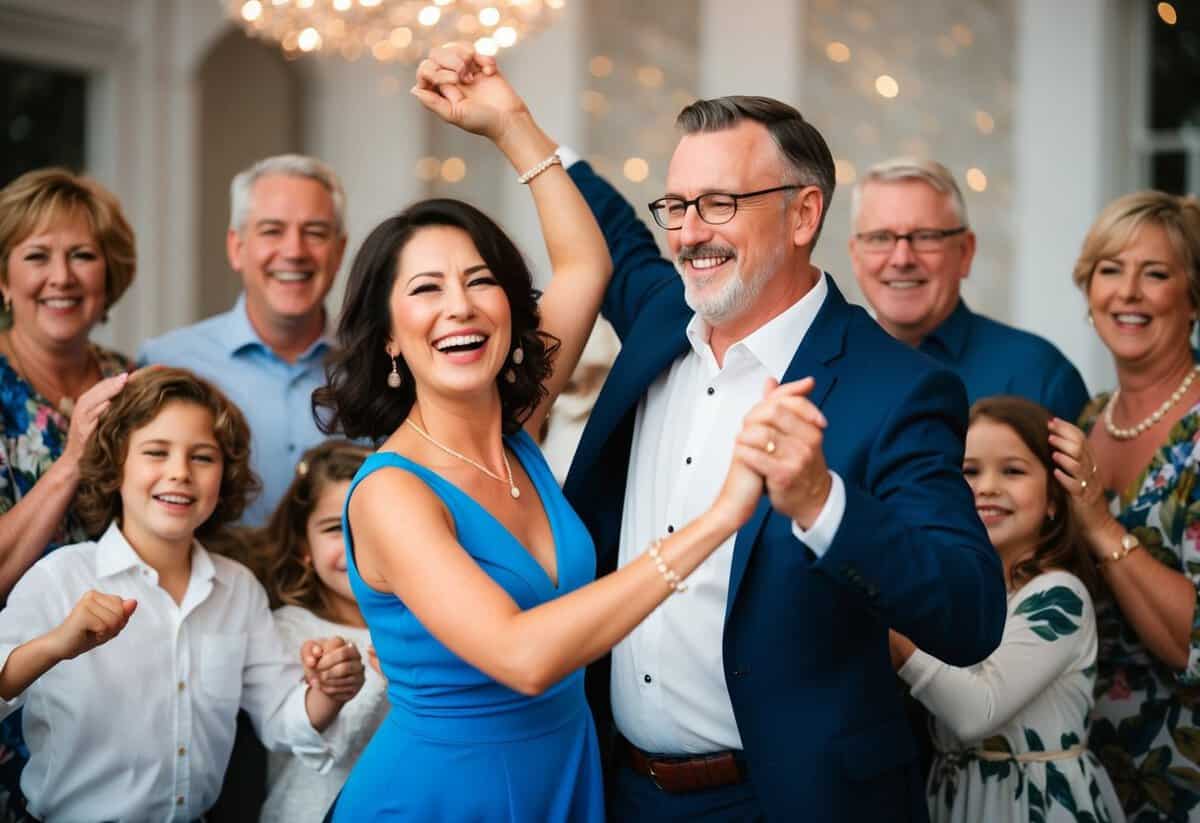 A woman and a man dance joyfully, surrounded by smiling family members
