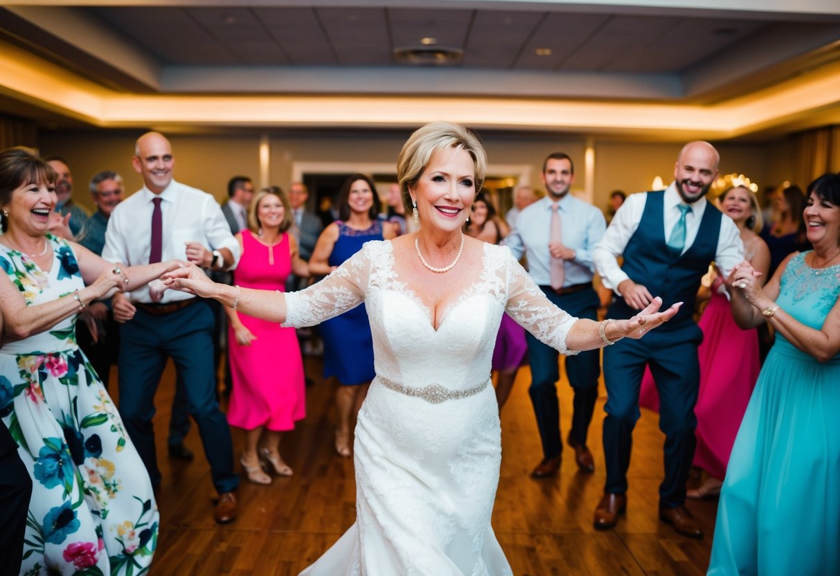 The mother of the bride gracefully twirls in the center of the dance floor, surrounded by joyful family and friends