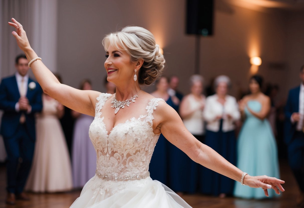 The mother of the bride gracefully glides across the dance floor, her elegant movements reflecting the perfect song and dance style for the occasion