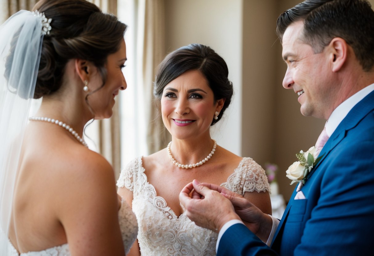 The groom's mother presents a delicate pearl necklace to the bride