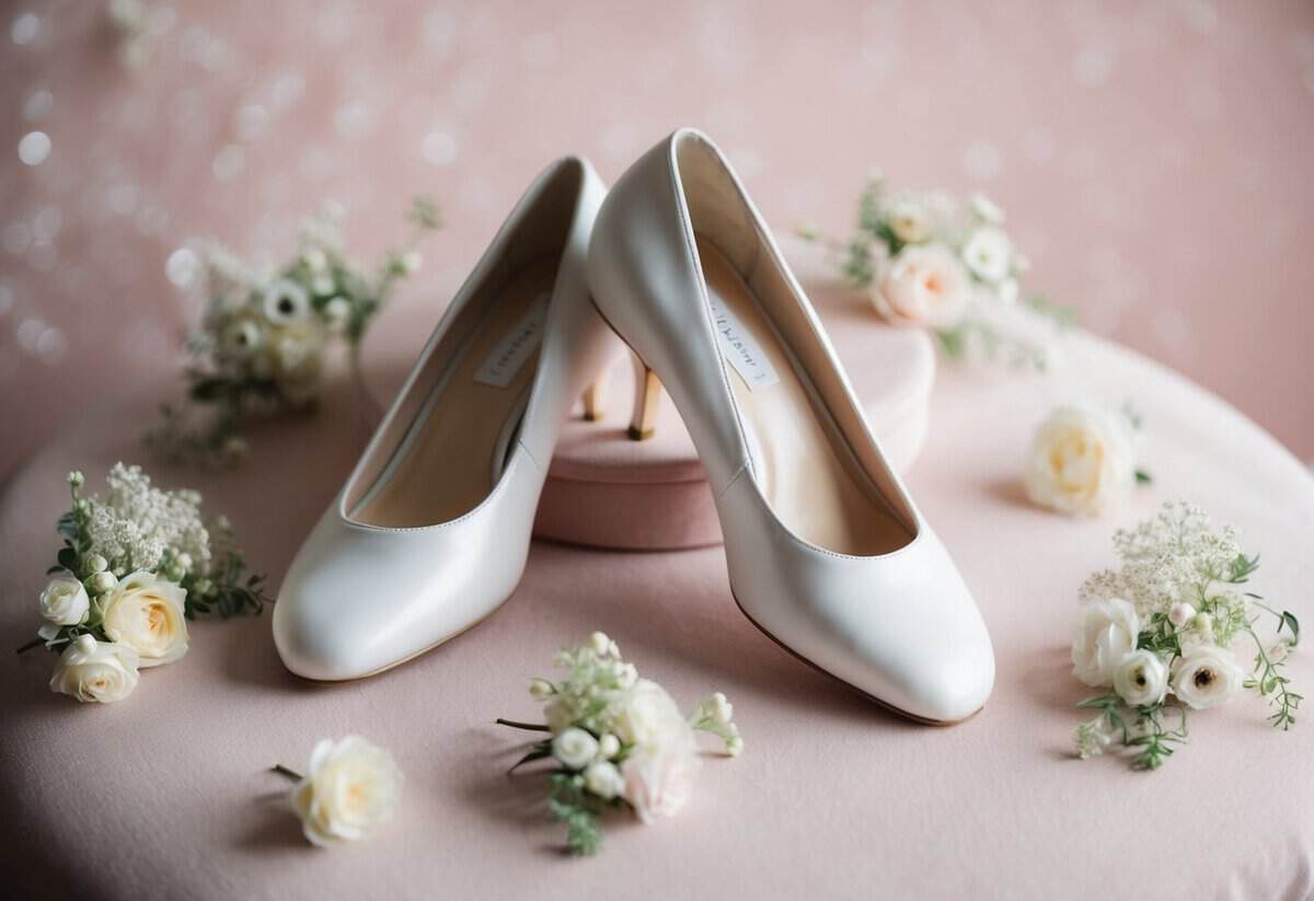 A pair of elegant white wedding shoes placed on a soft, pastel-colored surface, surrounded by delicate floral decorations
