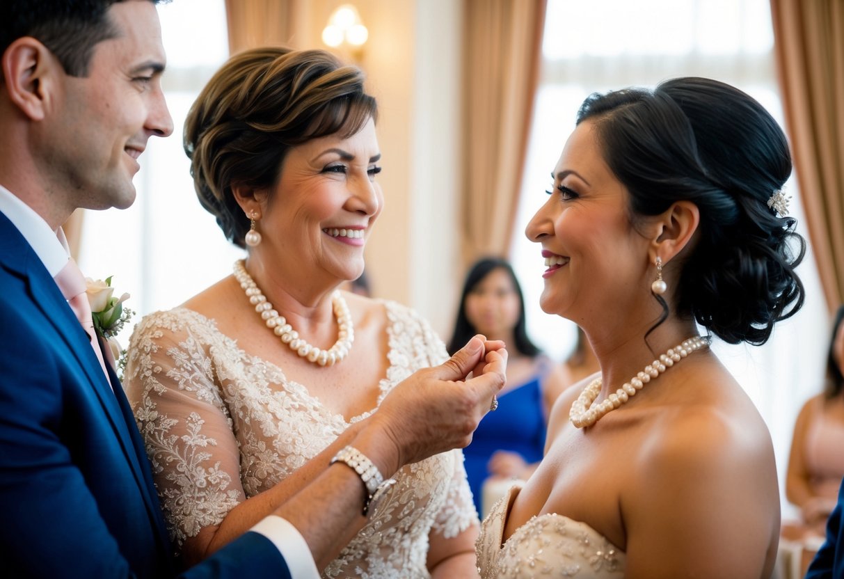 The groom's mother presents the bride with a delicate pearl necklace during a pre-wedding event, symbolizing her acceptance and support