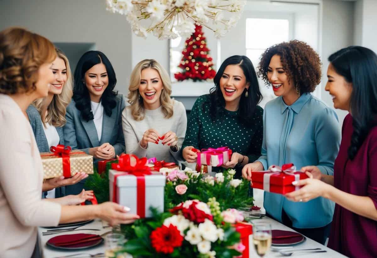 A group of women gather around a table adorned with flowers and decorations. They are chatting, laughing, and opening gifts
