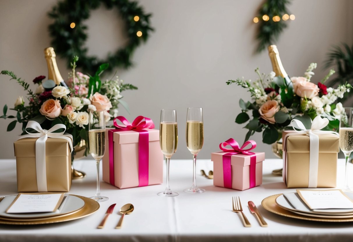 A table set with floral decor, champagne glasses, and gift-wrapped presents for a bridal shower