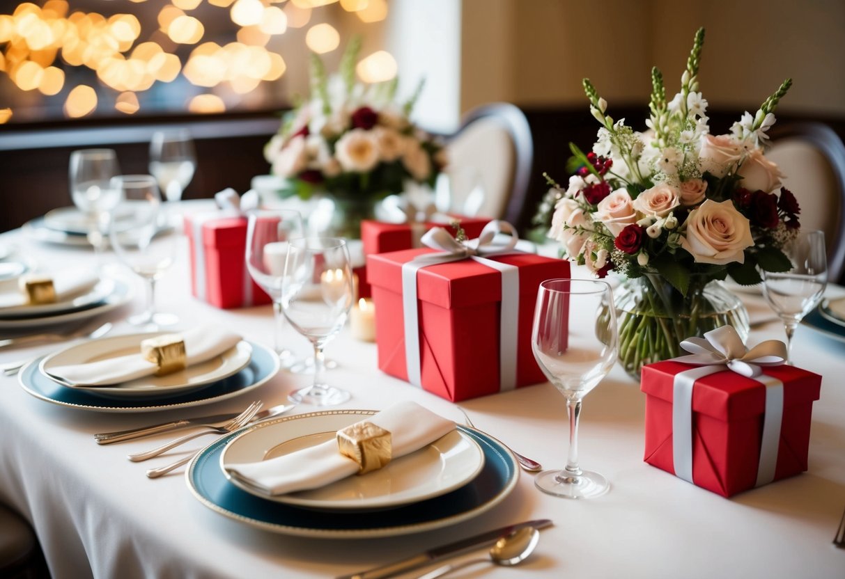 A table set with elegant place settings, a bouquet of flowers, and wrapped gifts
