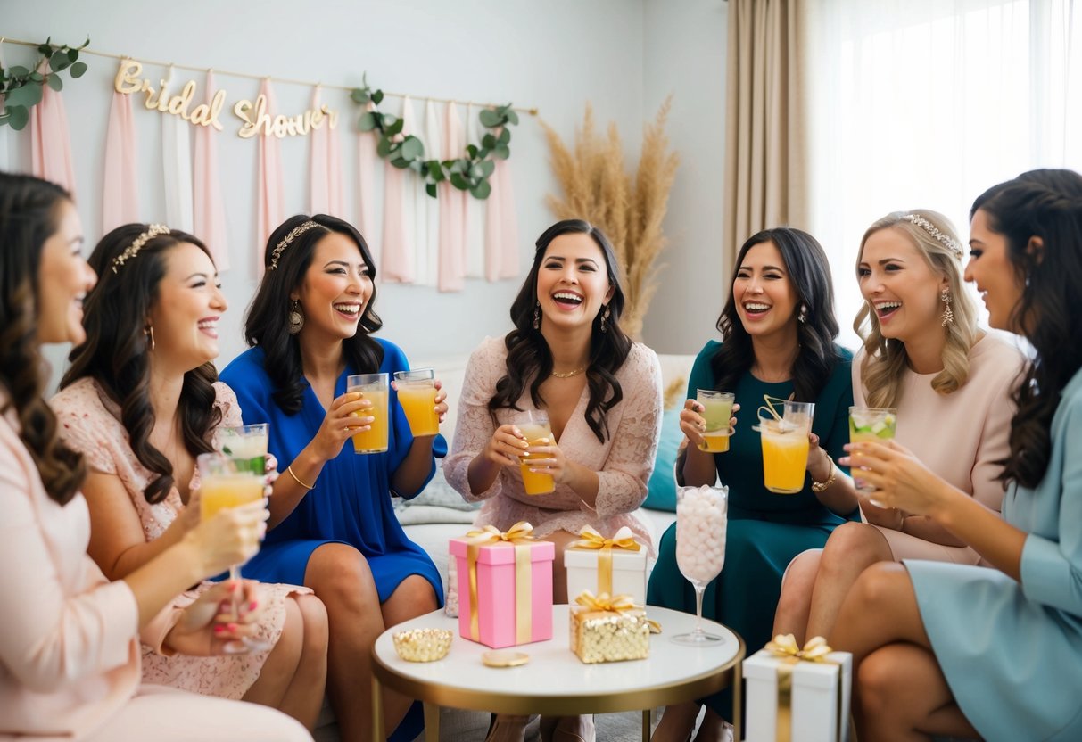 A group of women laughing and chatting while playing bridal shower games and sipping on drinks. Decorations and gifts are scattered around the room