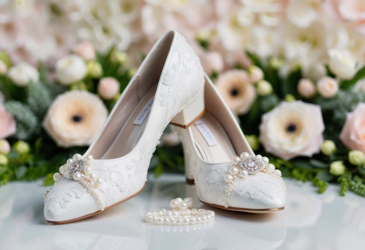 A pair of elegant white wedding shoes with delicate lace details and shimmering pearls, set against a backdrop of soft pastel flowers and greenery