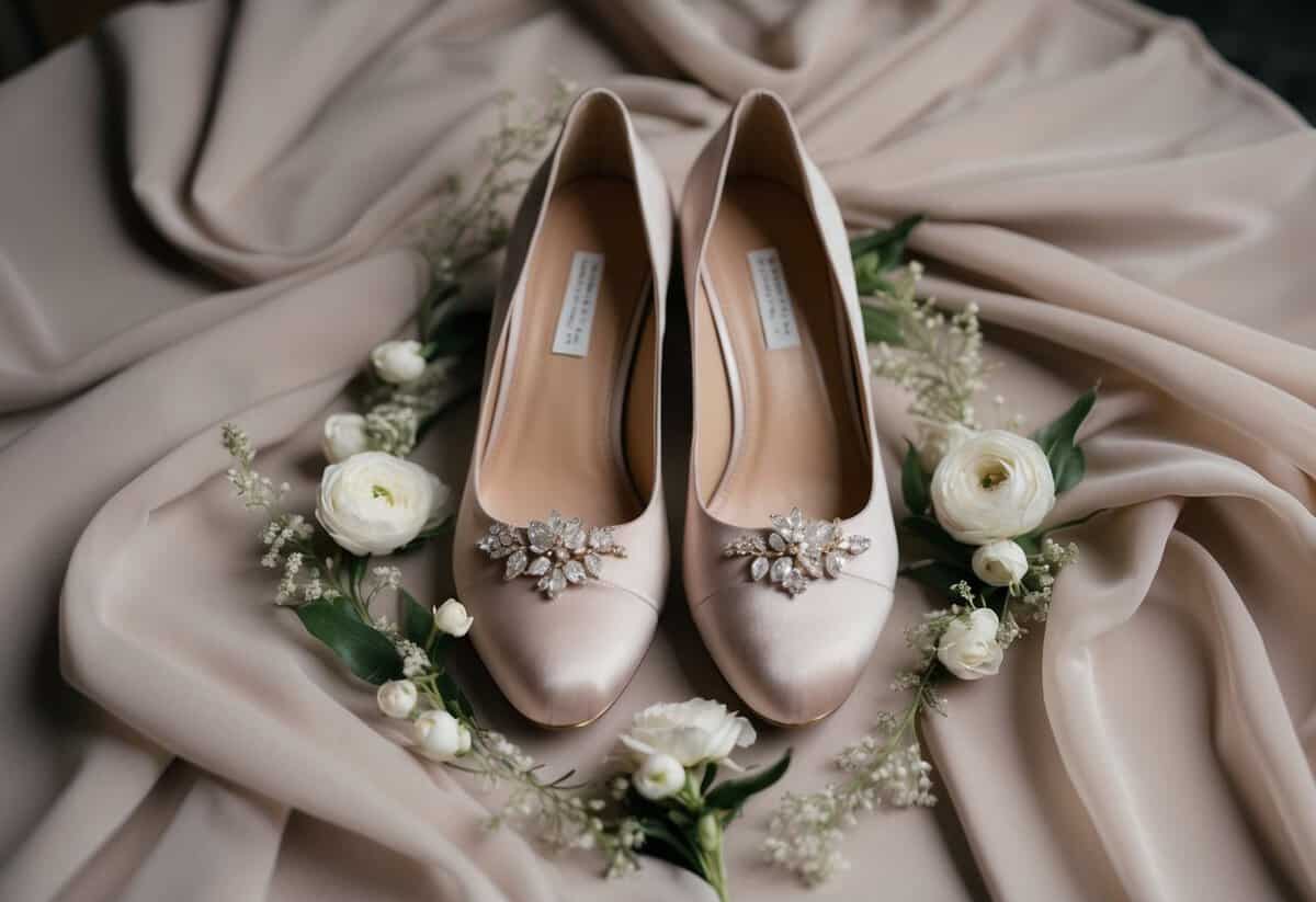 A pair of elegant wedding shoes in a neutral color, surrounded by soft, flowing fabric and delicate floral accents