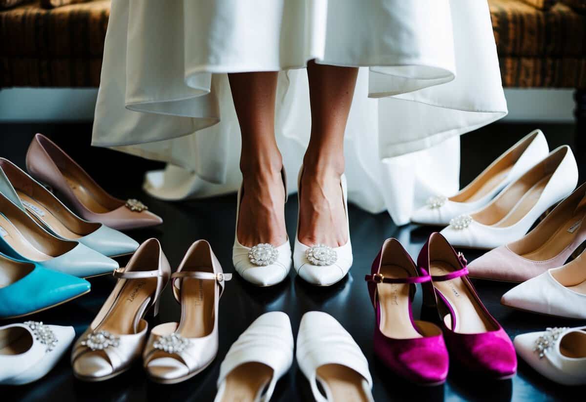 A bride's feet in elegant white wedding shoes, surrounded by various shoe options in different colors and styles