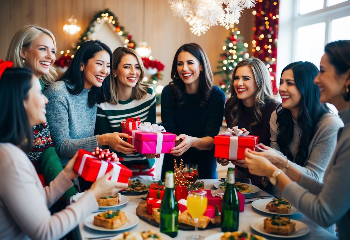 A group of women gather in a decorated space, exchanging gifts and laughter. A table displays food and drinks, while decorations set a festive mood