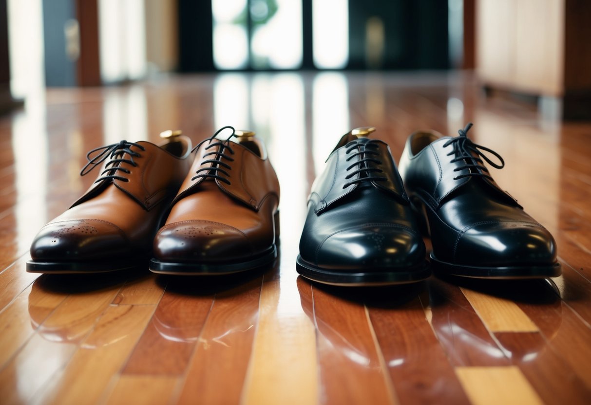 A pair of brown and black shoes placed side by side on a polished wooden floor