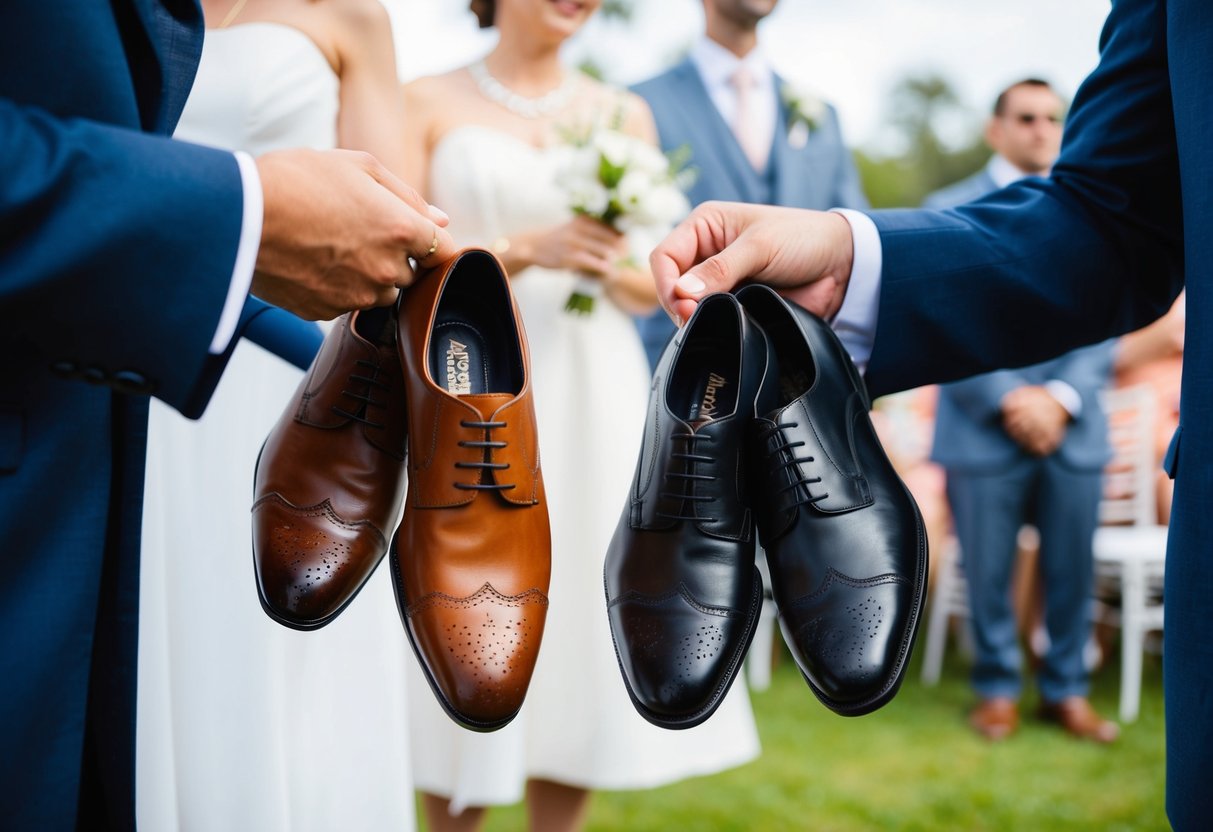 A wedding guest holding both brown and black shoes, pondering which to wear