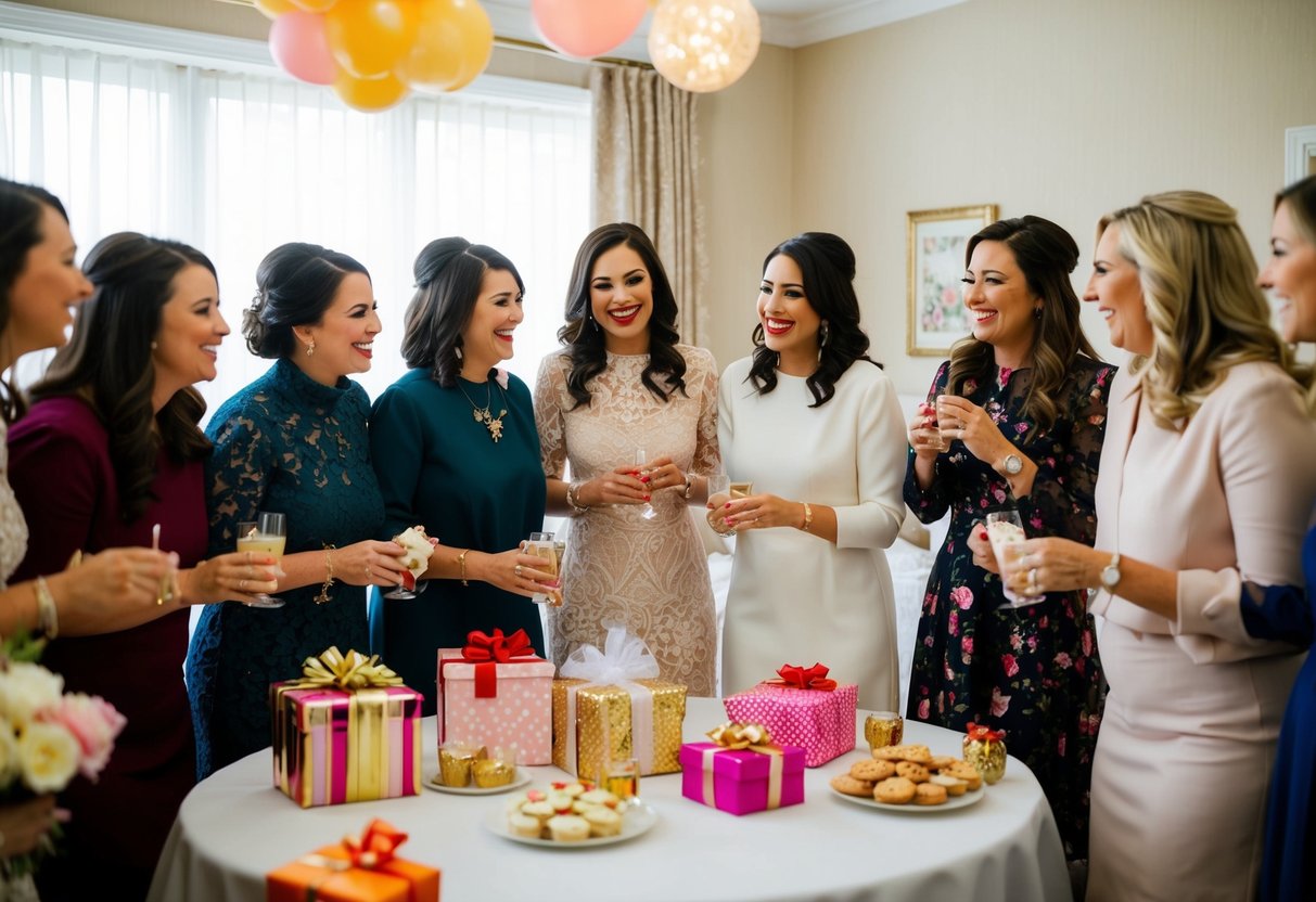 A group of women gather in a decorated room with gifts and refreshments, chatting and laughing as they celebrate a bride-to-be