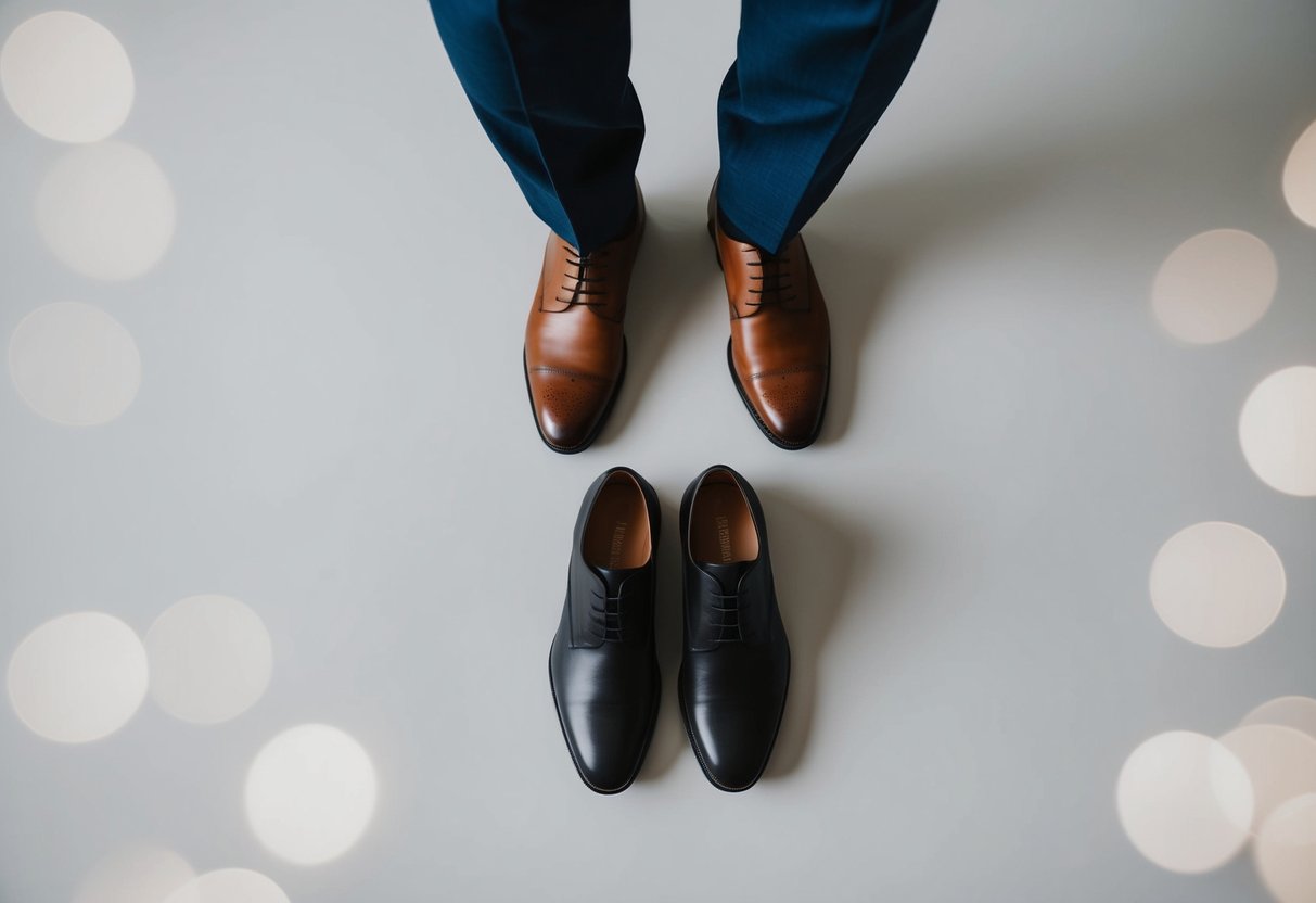 A wedding guest's outfit with a choice of brown and black shoes laid out on a clean, neutral background