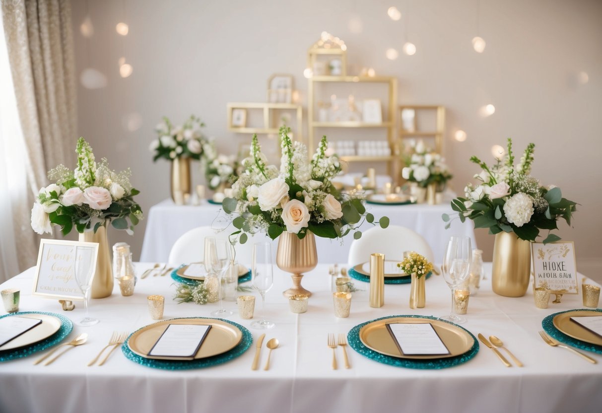 A table set with elegant decorations and a variety of games and activities for a bridal shower