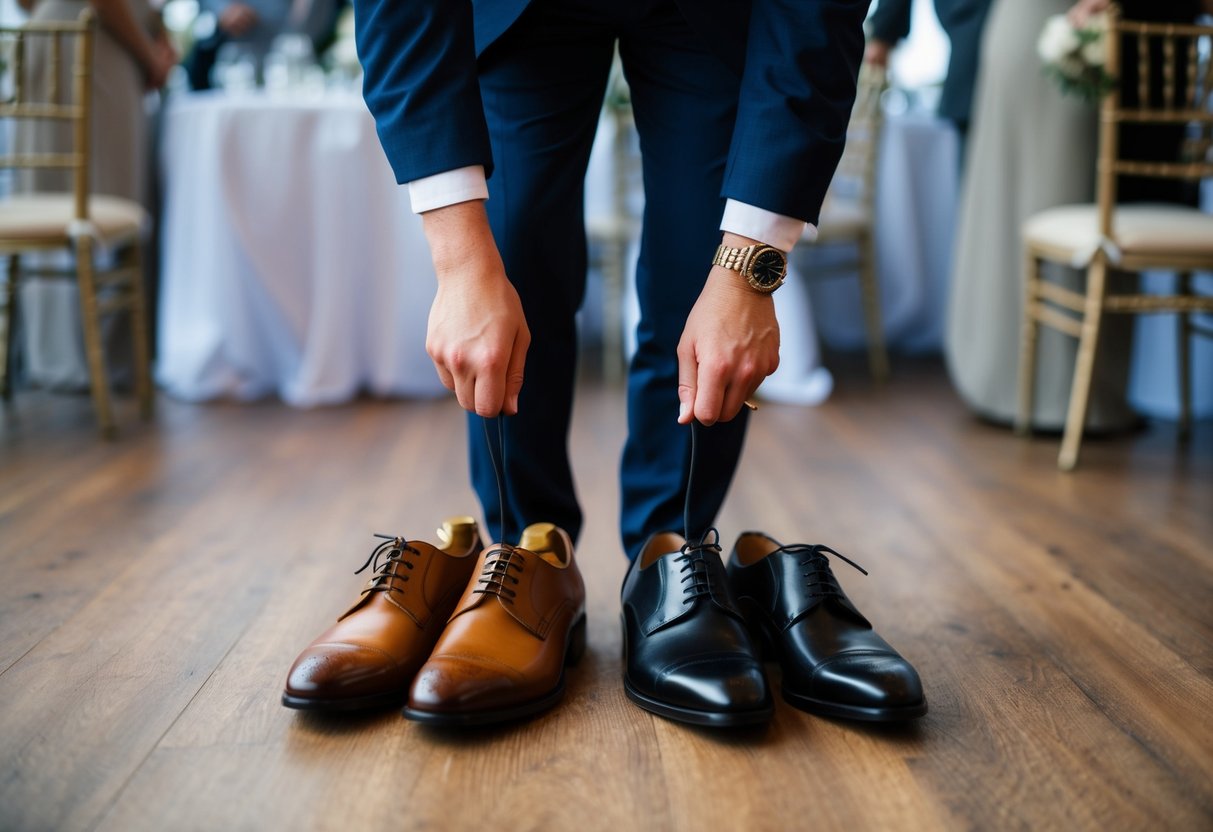 A wedding guest stands with two pairs of shoes - one brown, one black - trying to decide which to wear