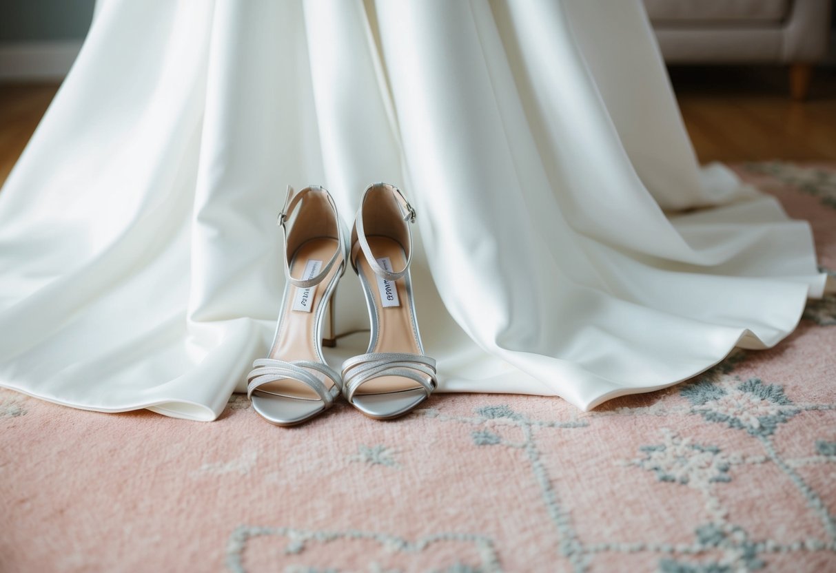 A bride's white wedding dress with a pair of silver strappy heels placed next to it on a soft, pastel-colored rug