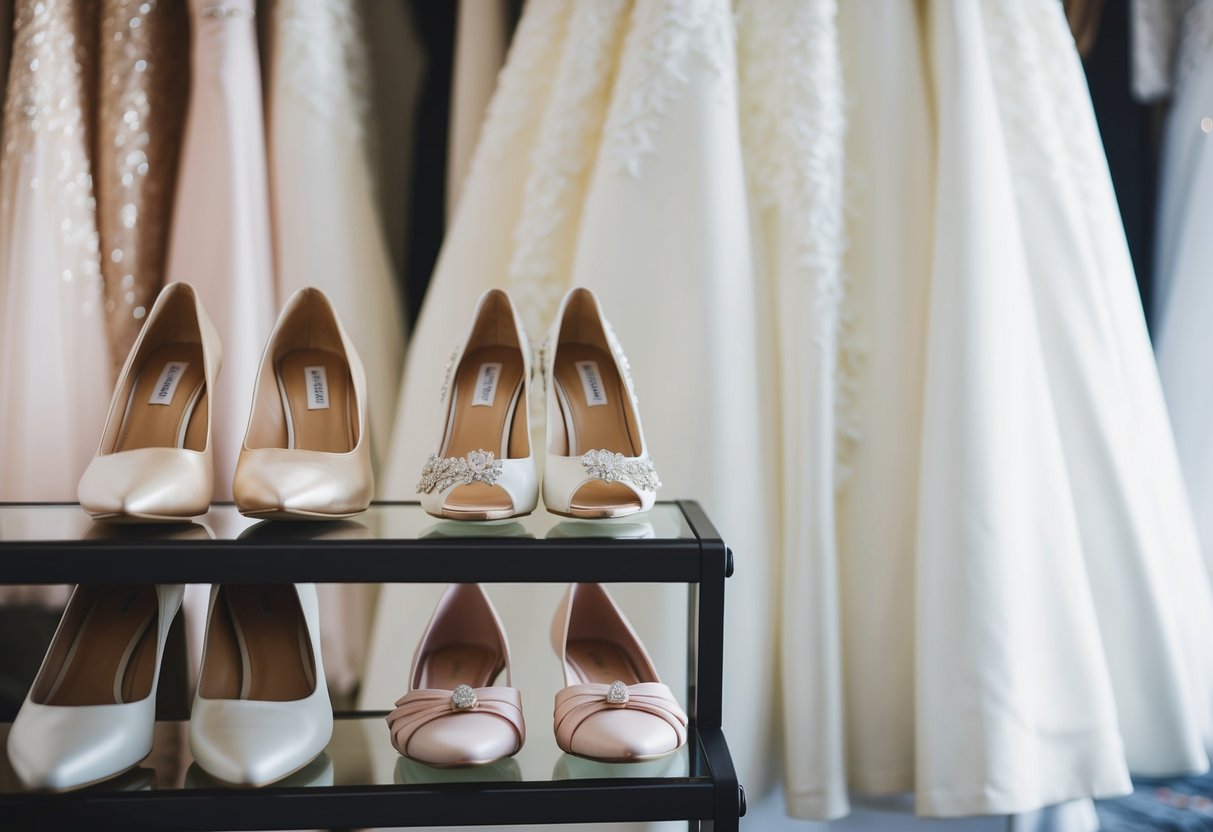 A bride's white wedding dress hangs in front of a rack of shoes in various shades of ivory, cream, and pale pink