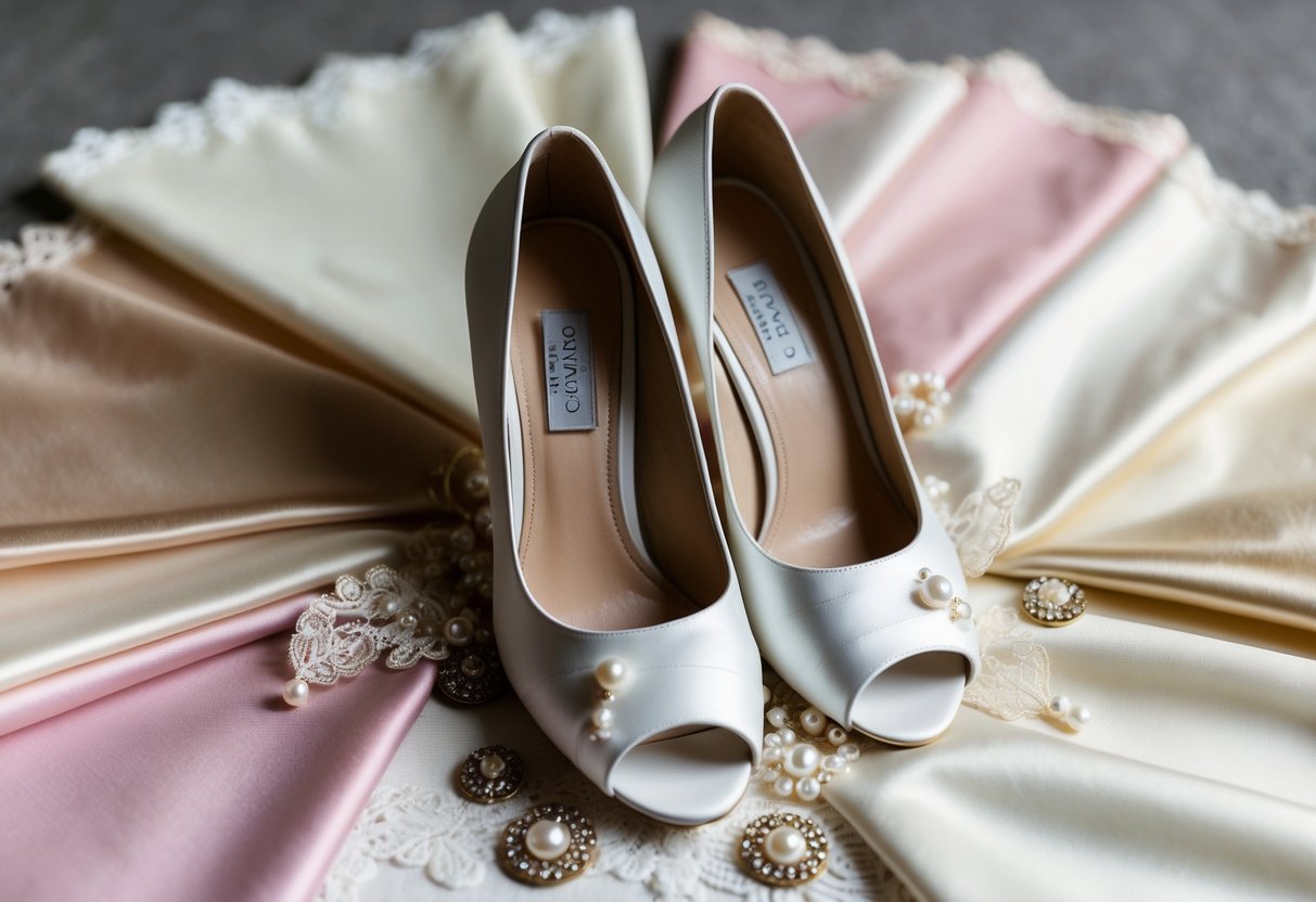 A bride's white wedding shoes surrounded by swatches of pale pink, ivory, and champagne fabric, with delicate lace and pearl embellishments