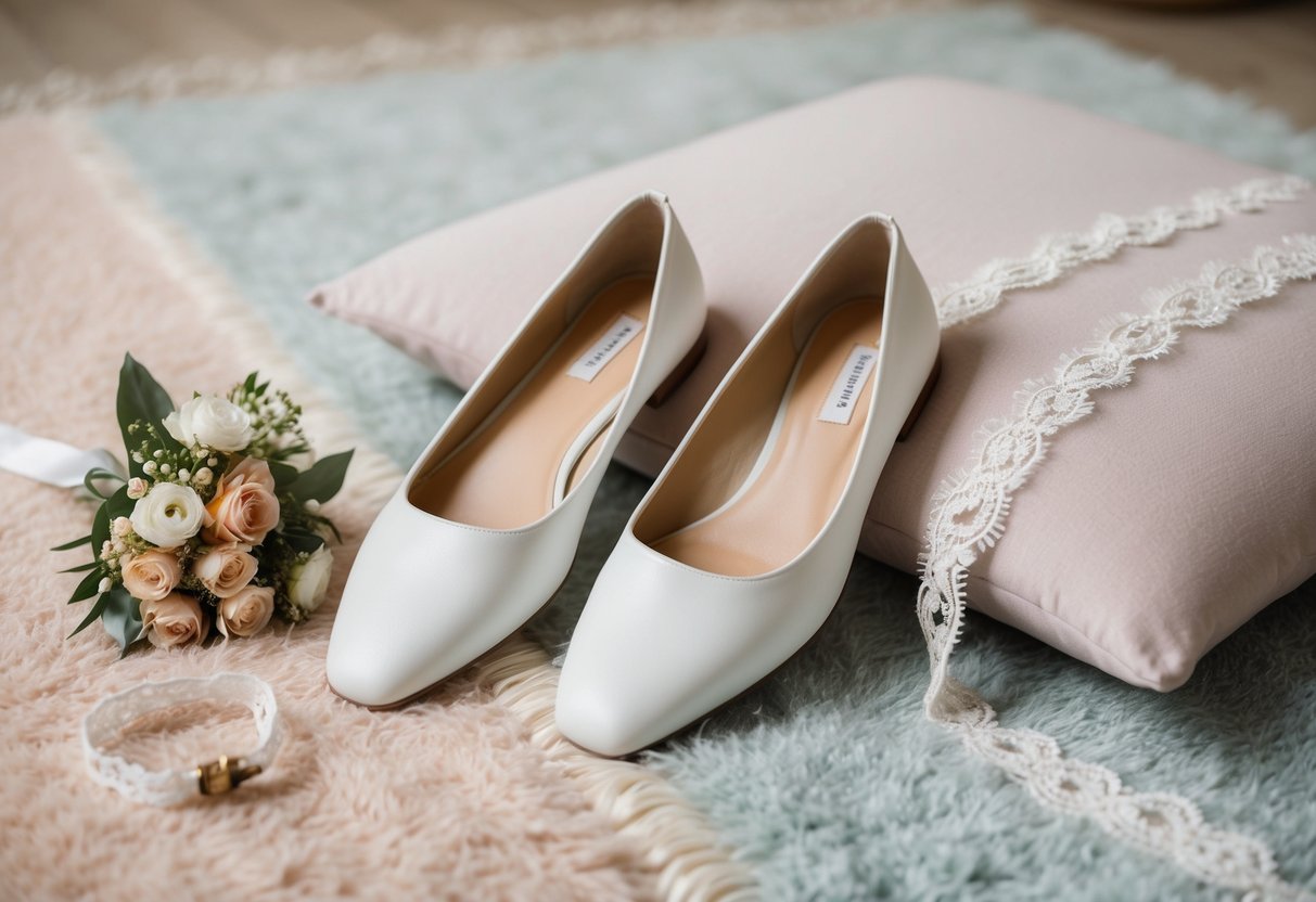 A pair of elegant white flats placed on a soft, pastel-colored rug next to a delicate lace garter and a small bouquet of flowers