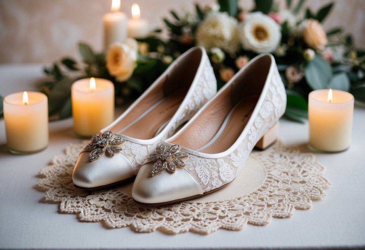 A pair of elegant wedding flats displayed on a decorative lace mat with a soft, romantic background of flowers and candles