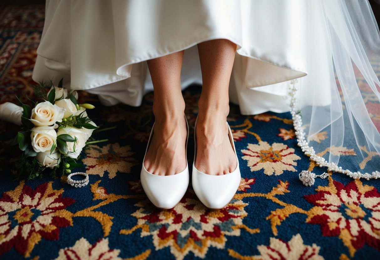 A bride's feet in white flats on a floral-patterned rug, surrounded by wedding accessories like a veil, jewelry, and a bouquet