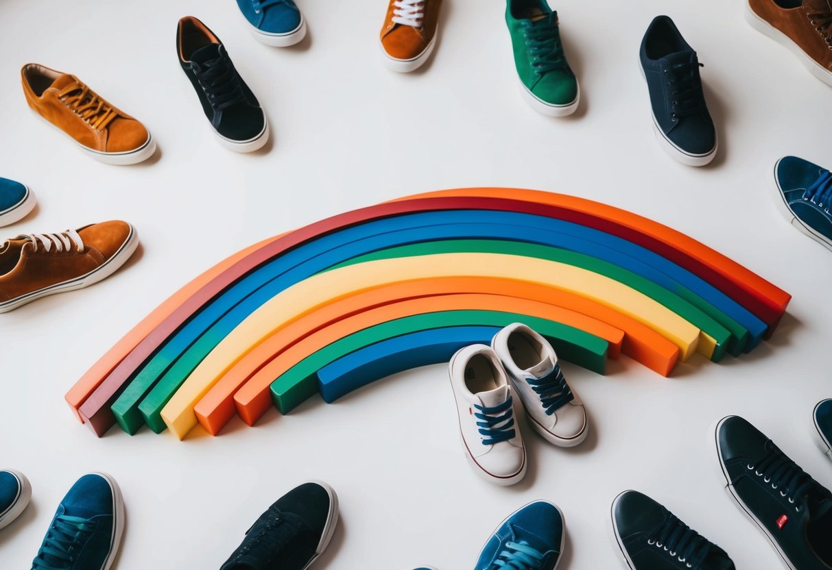 A rainbow of shoes scattered on a white background