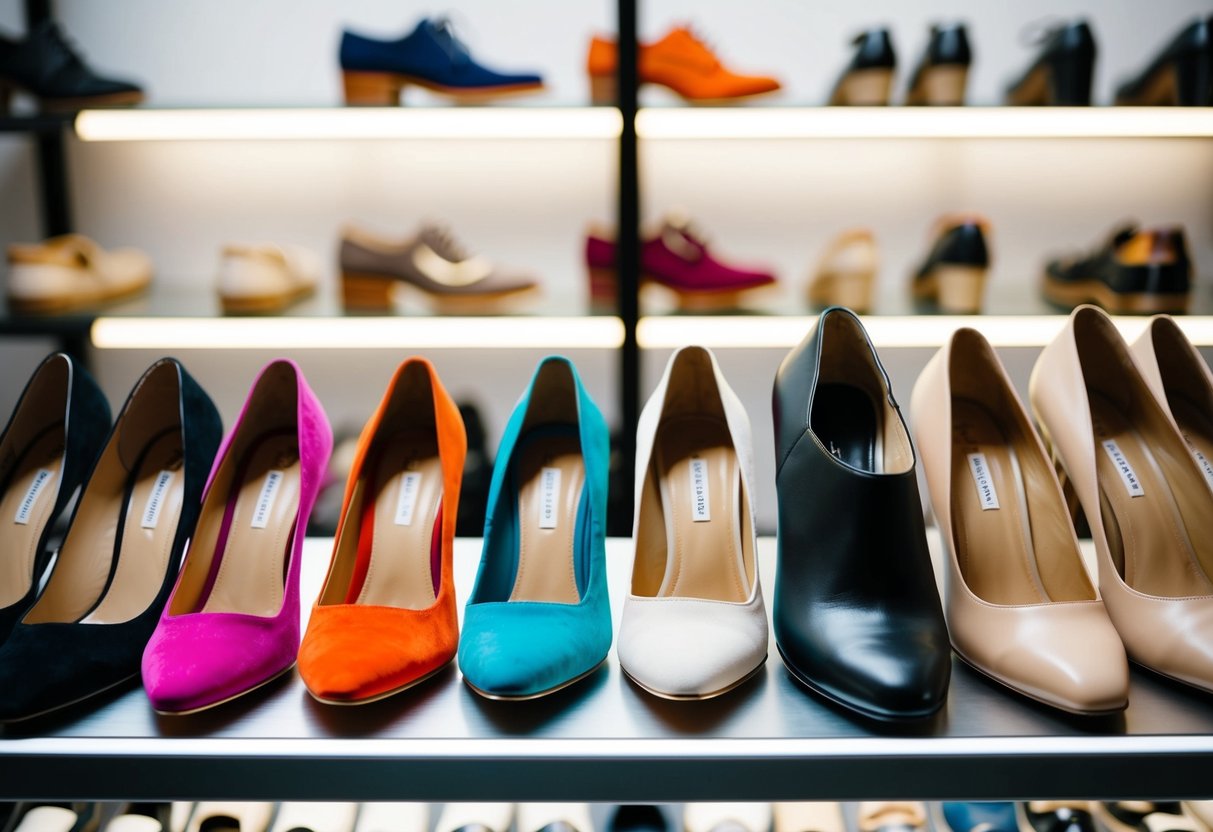 A collection of shoes in various colors and styles arranged on a display shelf