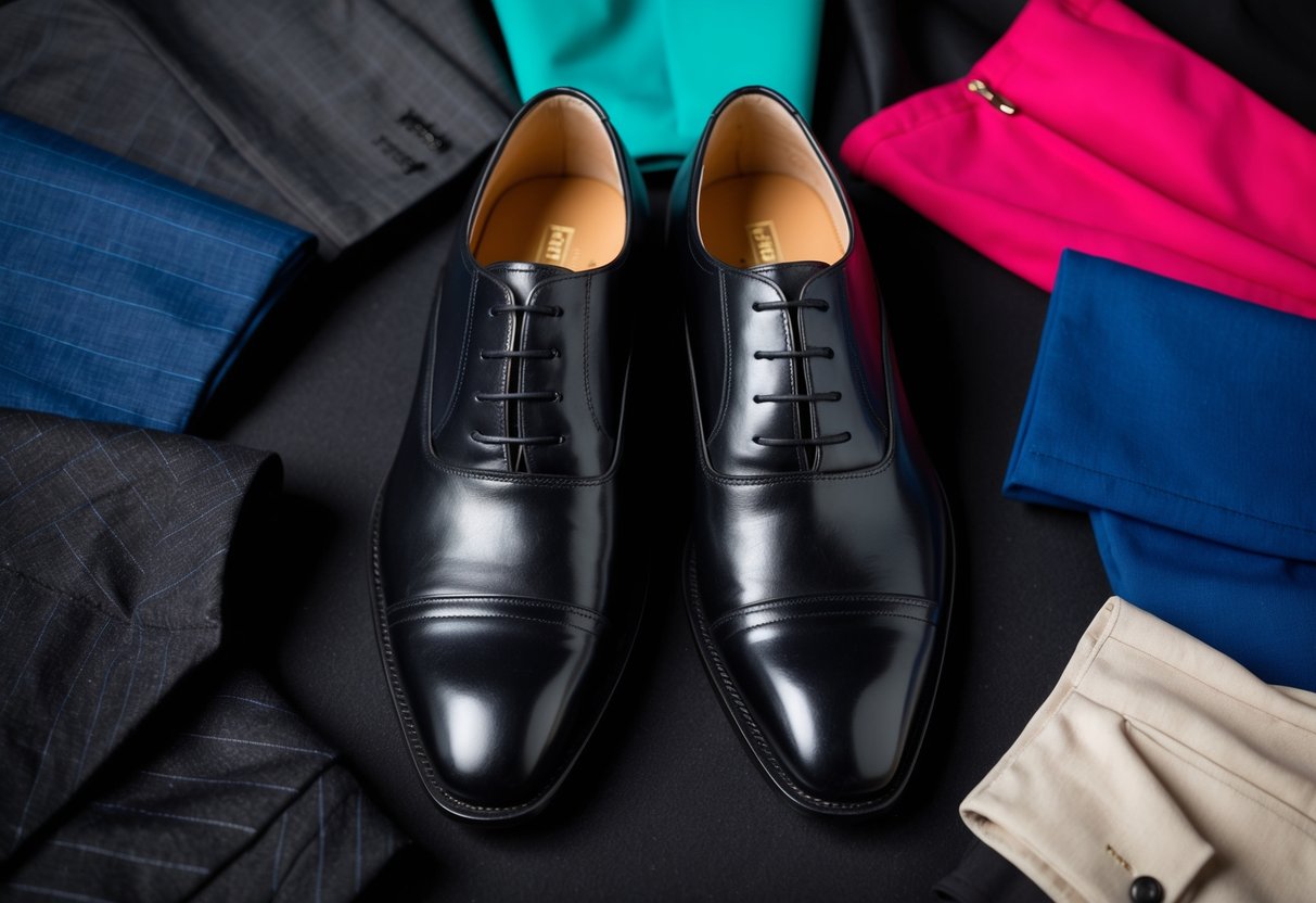 A pair of black formal shoes surrounded by a variety of different colored clothing items, such as suits, dresses, and skirts