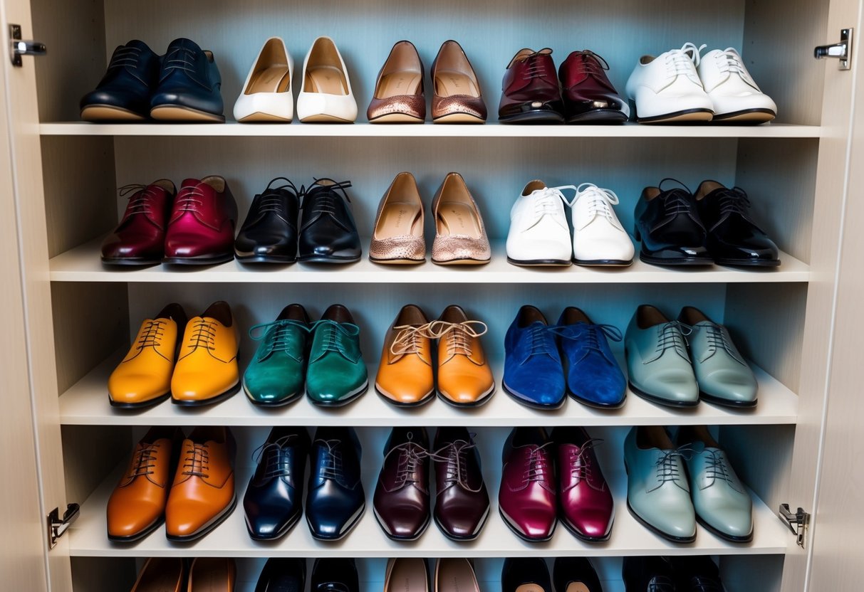 A closet filled with a variety of formal shoes in different colors and styles, arranged neatly on shelves