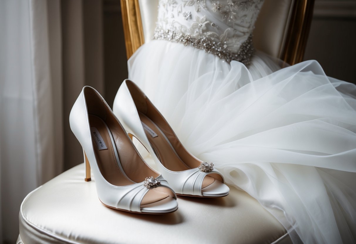 A pair of elegant white heels placed next to a flowing white wedding gown on a satin-covered chair