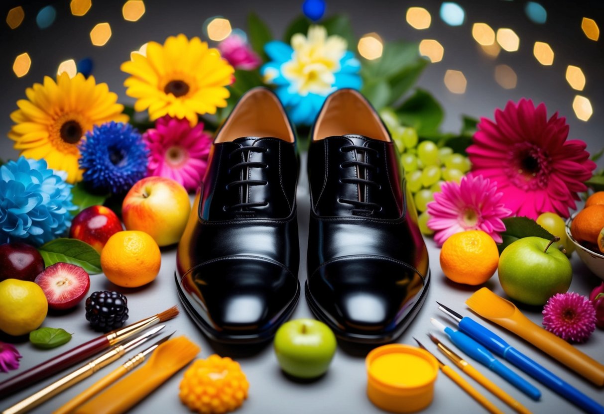 A pair of black formal shoes surrounded by a variety of colorful objects, such as flowers, fruits, and art supplies