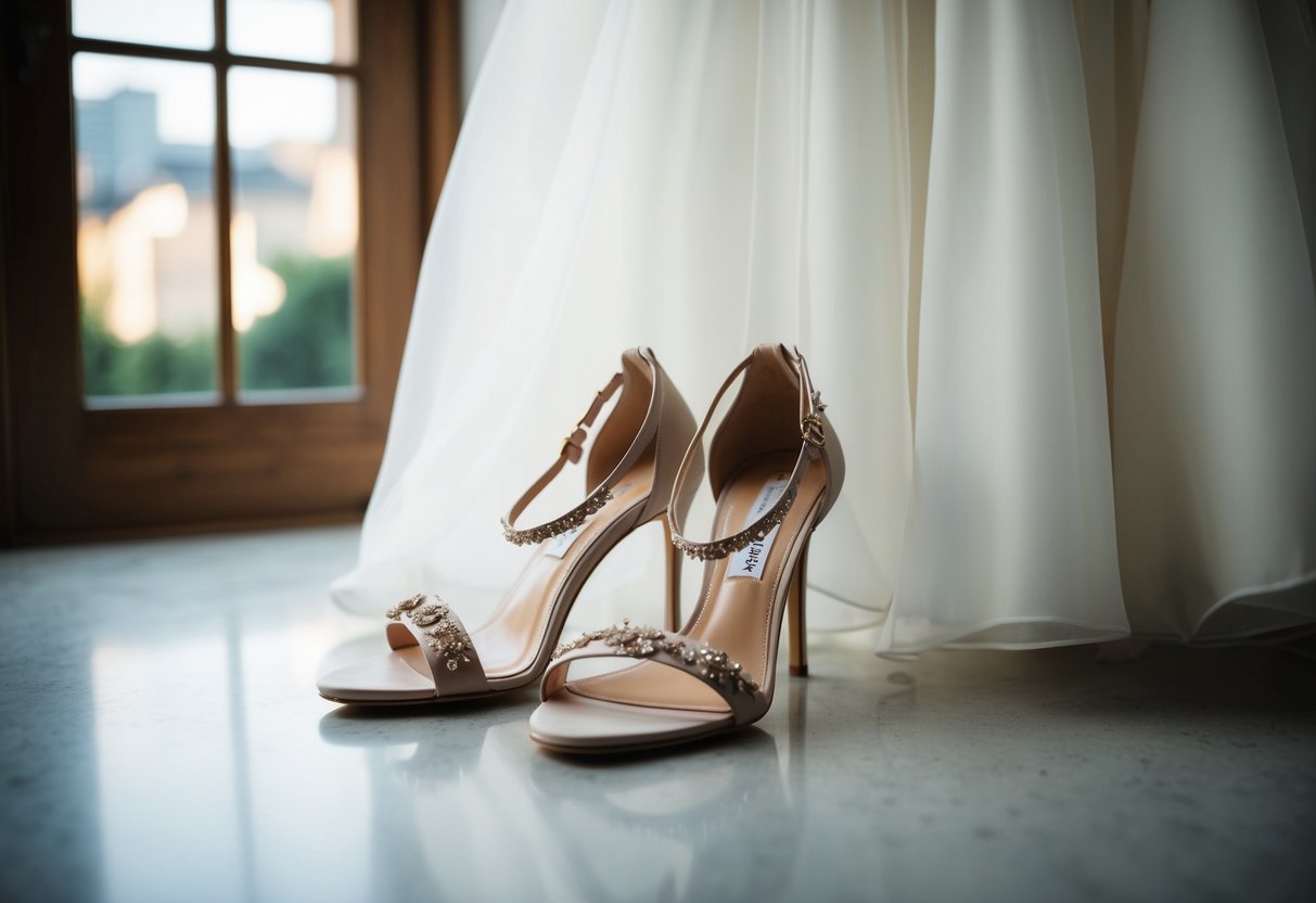 A pair of elegant, strappy heels in a neutral color, adorned with delicate embellishments, complementing a flowing white wedding dress