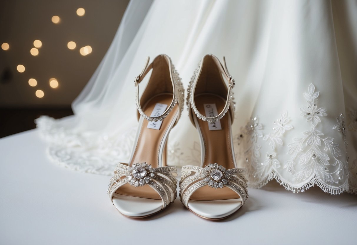 A bride's elegant white wedding dress paired with a pair of delicate, strappy heels, adorned with intricate lace and shimmering crystals