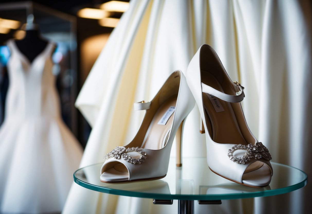A pair of elegant white wedding shoes placed next to a flowing white wedding dress on a display stand