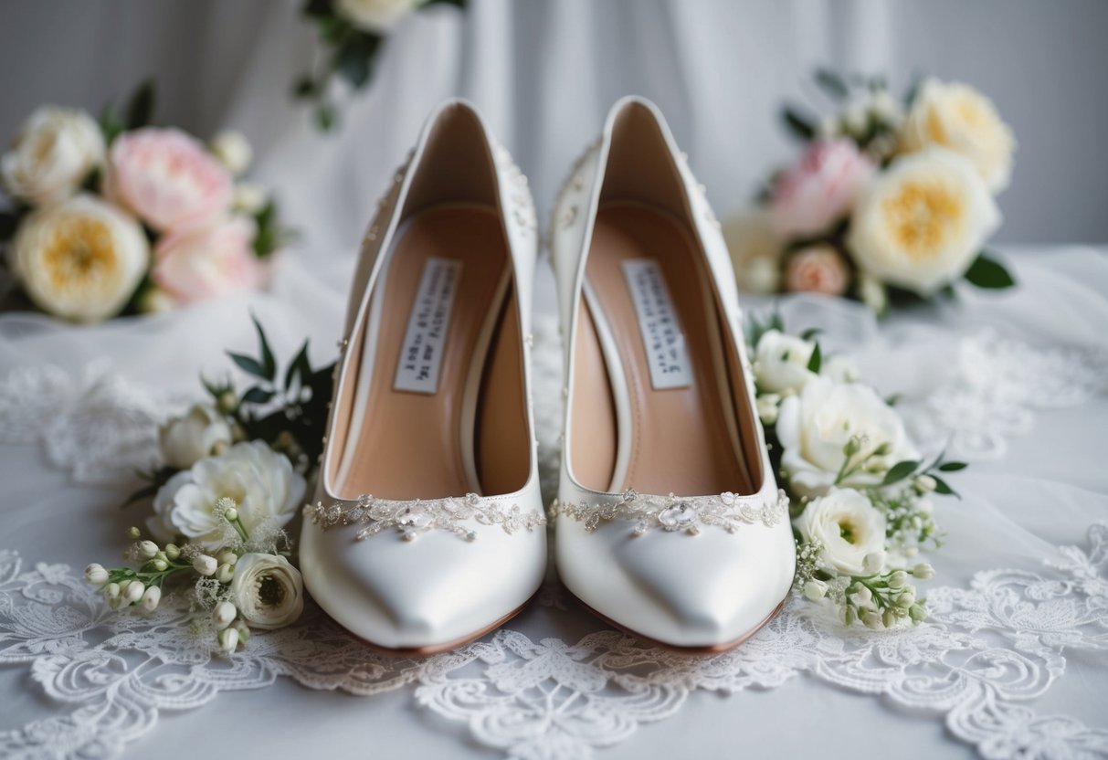 A pair of elegant white wedding shoes with a medium heel, surrounded by delicate lace and floral decorations