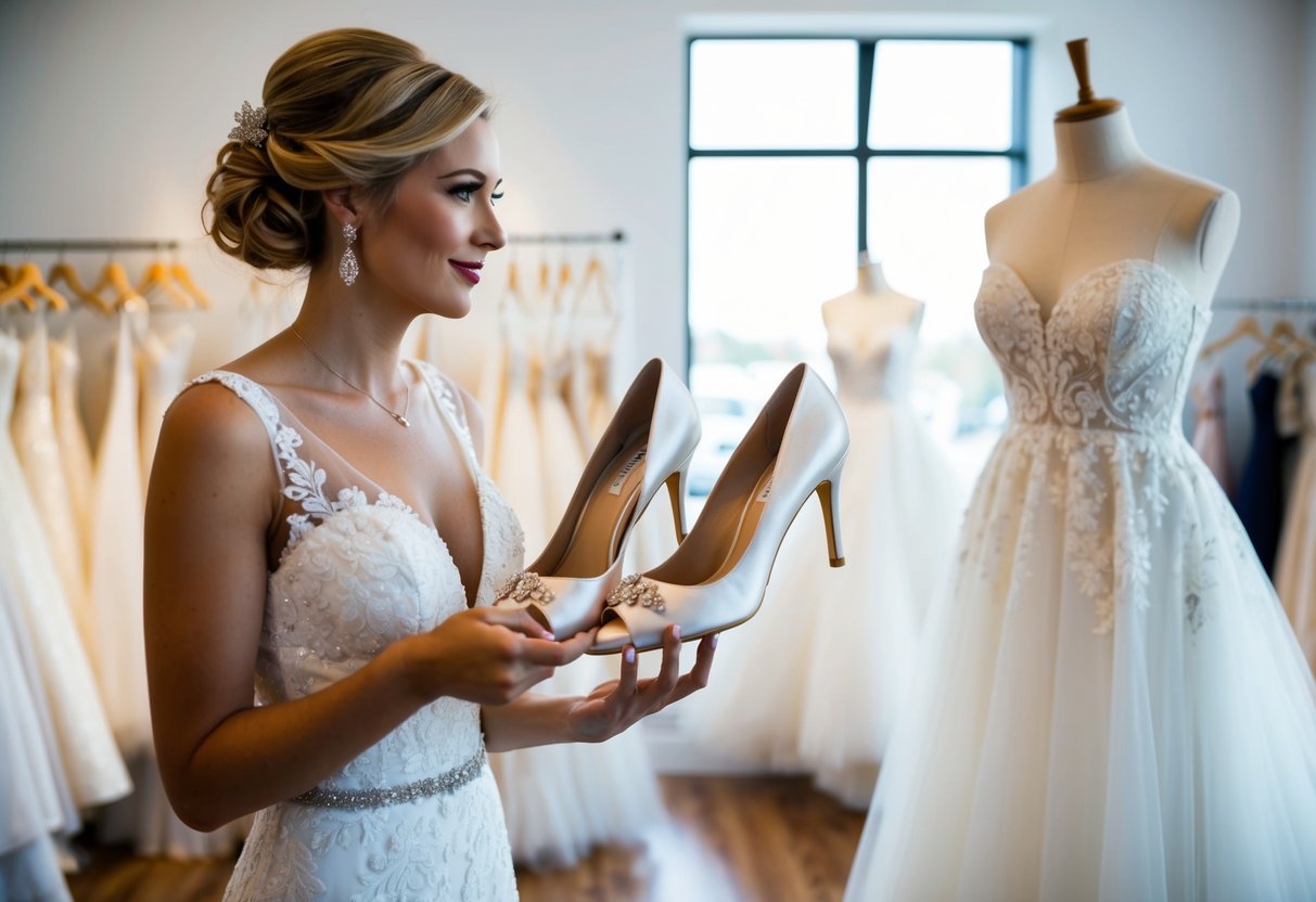 A bride-to-be stands in a bridal boutique, holding a pair of elegant wedding shoes in one hand and admiring a beautiful wedding dress on a mannequin in front of her. She contemplates whether to buy the shoes before finding the perfect dress