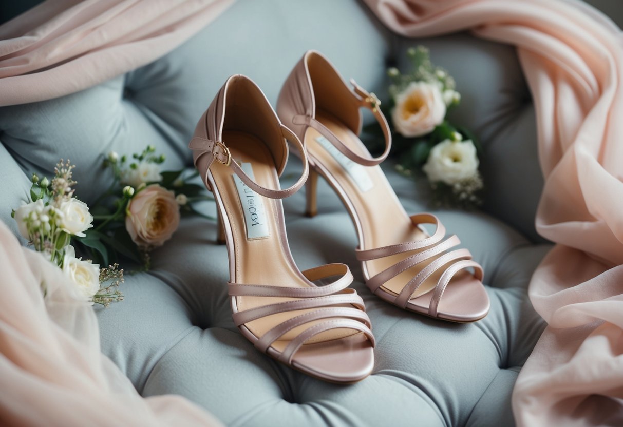 A pair of elegant, strappy heels on a plush, cushioned surface, surrounded by soft, flowing fabrics and delicate floral arrangements