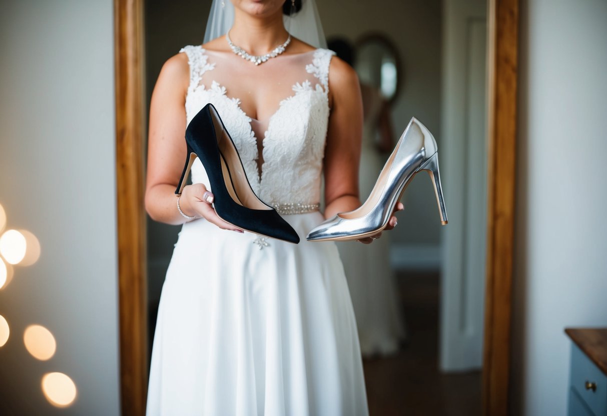 A bride holding two pairs of shoes, one with a low heel and the other with a high heel, while standing in front of a mirror