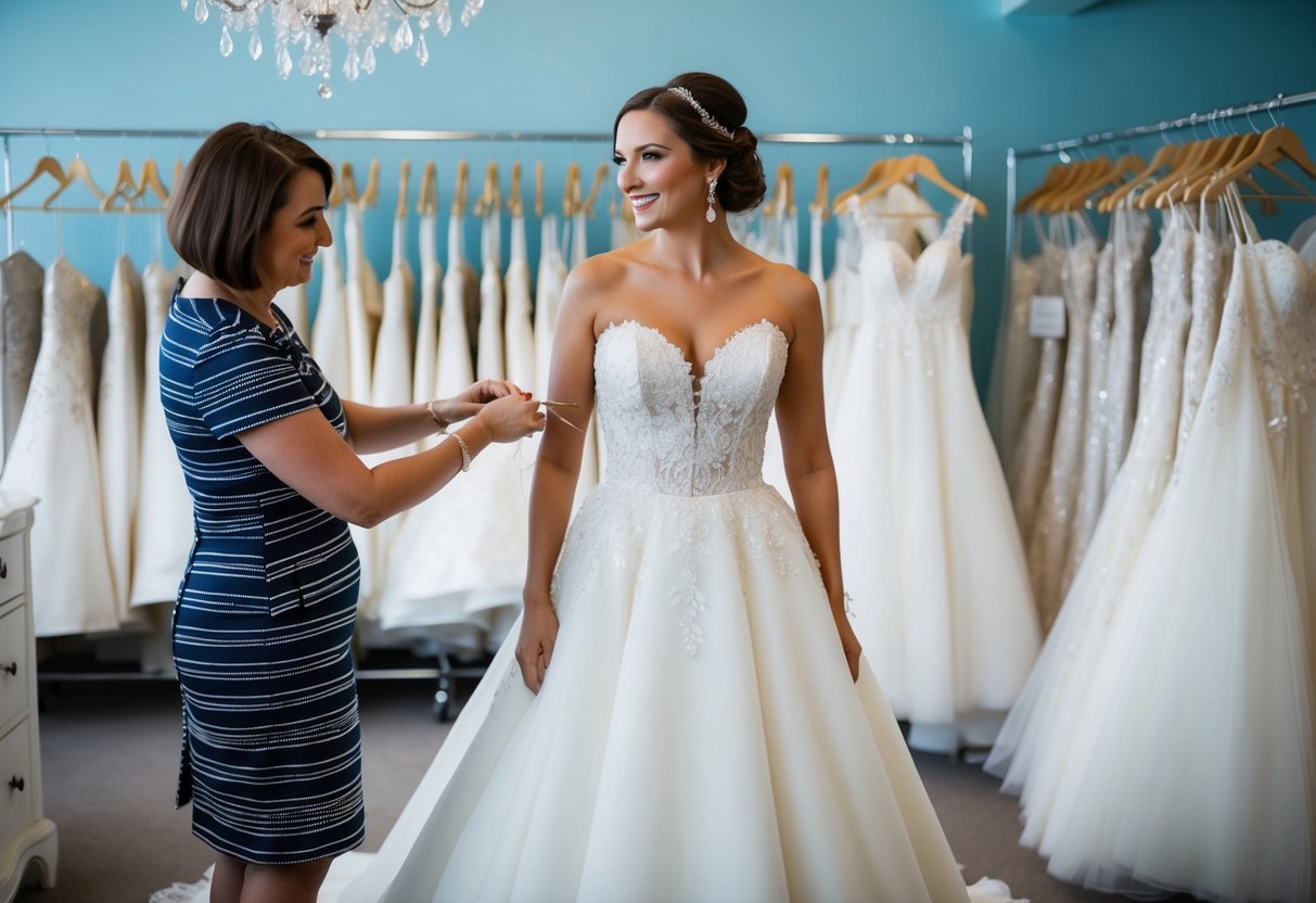 A bride standing in a bridal boutique, surrounded by racks of wedding dresses, as a seamstress pins and adjusts the gown on a dress form