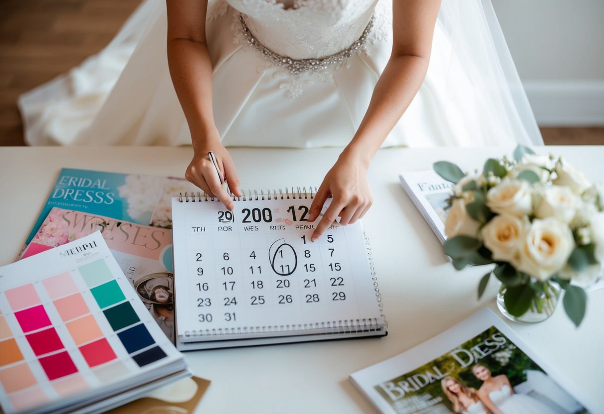 A bride looking at a calendar, circling a date for her first wedding dress fitting, surrounded by swatches and bridal magazines