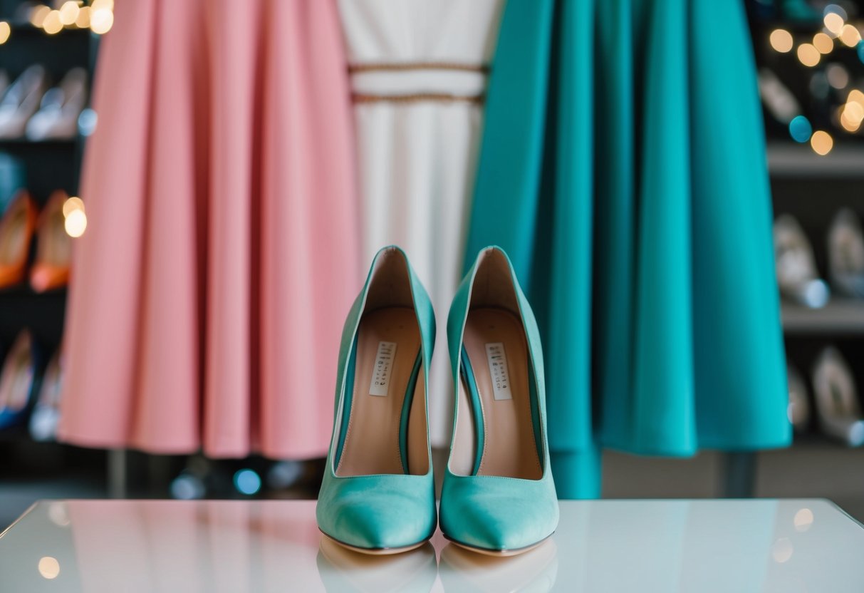 A pair of shoes in the same color as a dress, displayed side by side