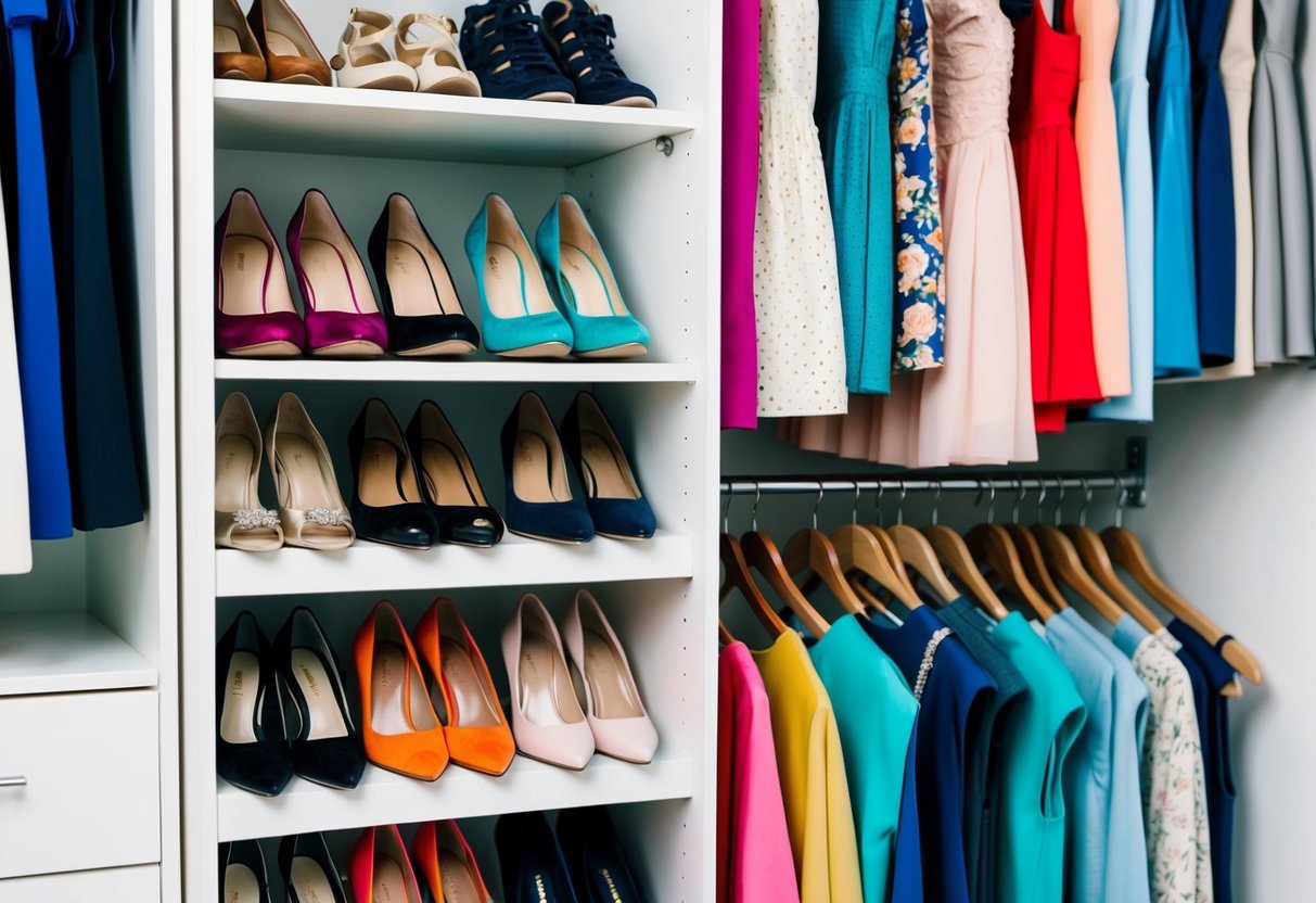 A closet with various shoes in different styles and colors, next to a rack of dresses in coordinating shades