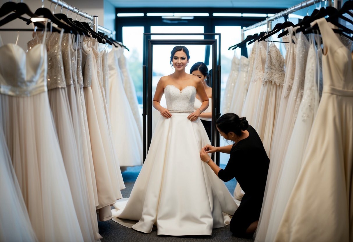 A bride stands in front of a full-length mirror, surrounded by racks of wedding dresses. A seamstress measures her waist while a designer adjusts the hem