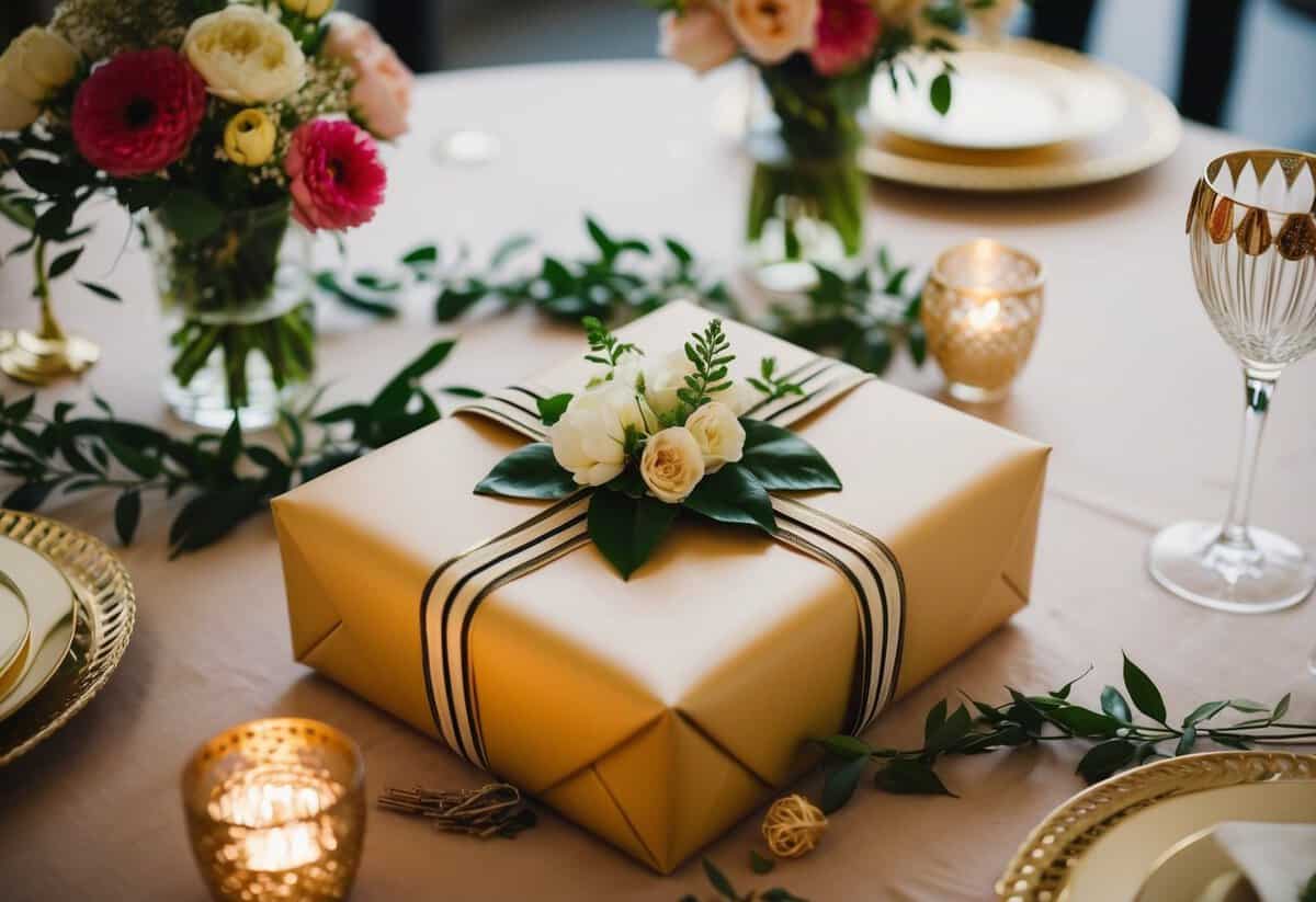 A beautifully wrapped wedding gift sits on a table, surrounded by flowers and decorations